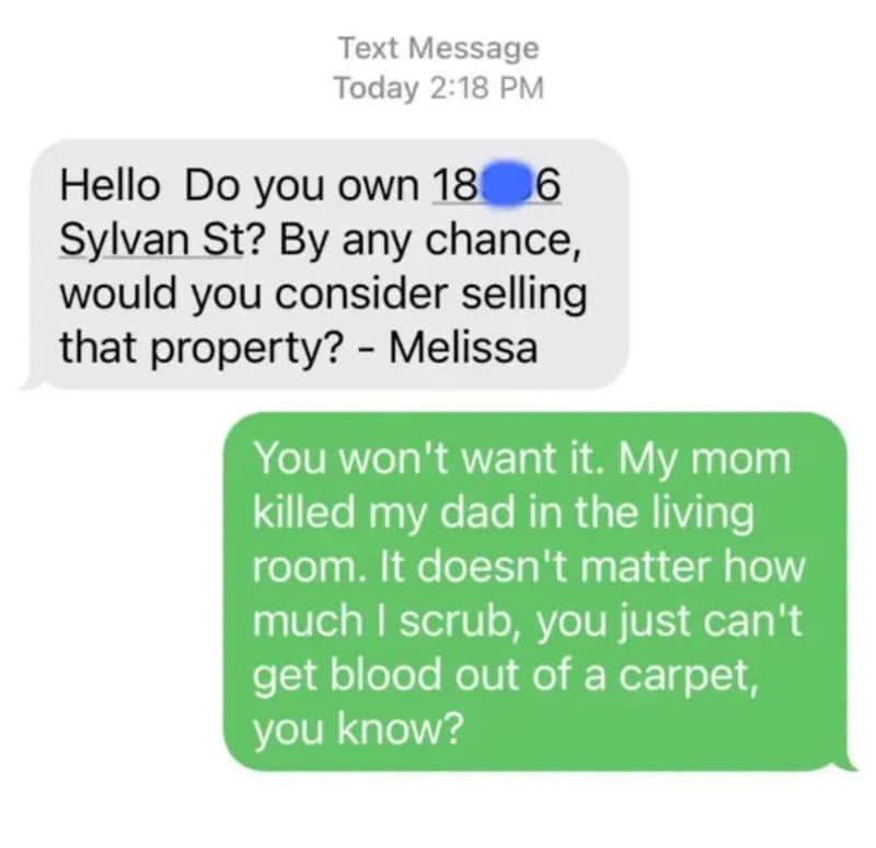 Text message conversation about selling property and a scam message.