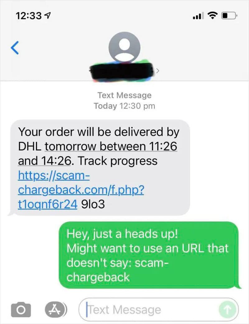 Text message about DHL delivery and a warning about a scam URL.