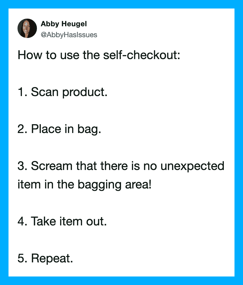 How to use the self-checkout: scan, bag, scream, take out, repeat.
