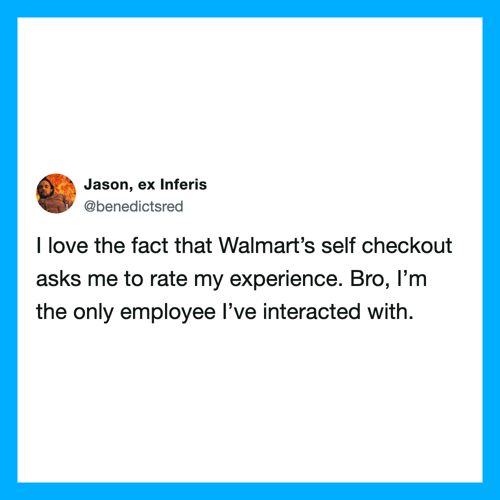 Tweet about Walmart's self checkout asking for experience rating.