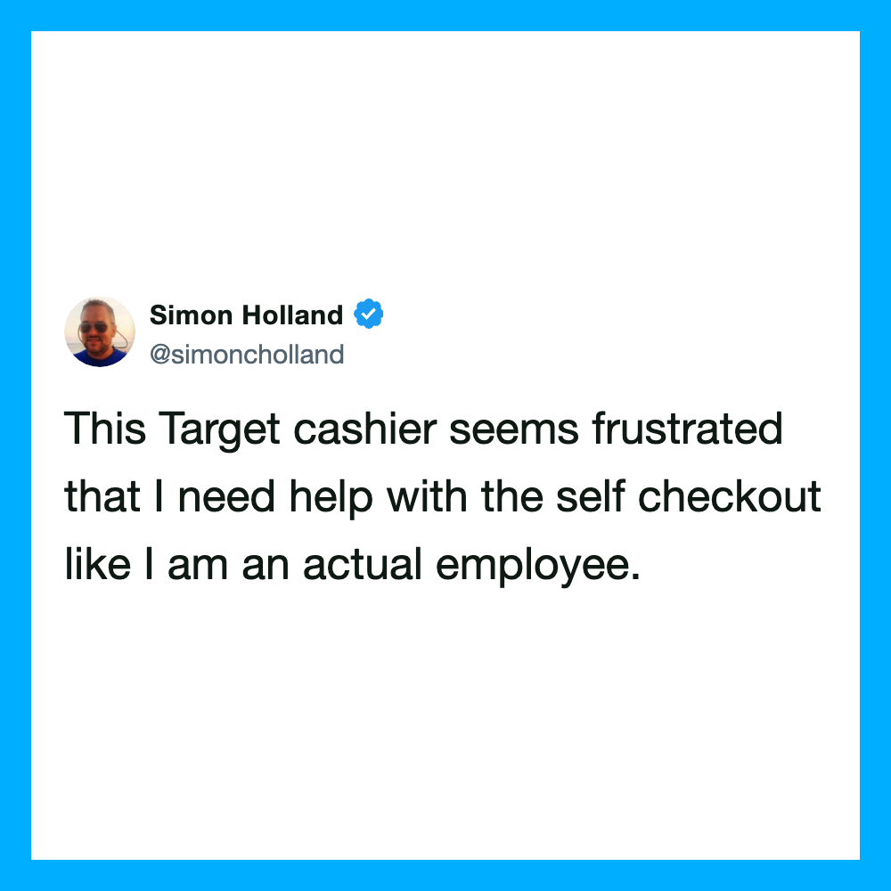 Twitter post by Simon Holland about a frustrated Target cashier.
