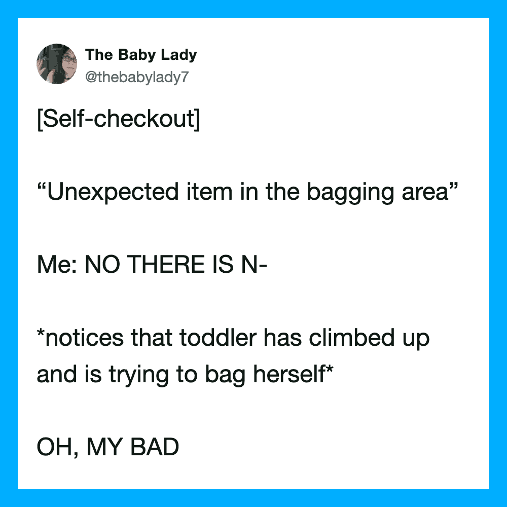 A tweet about self-checkout and a toddler climbing into a bagging area.