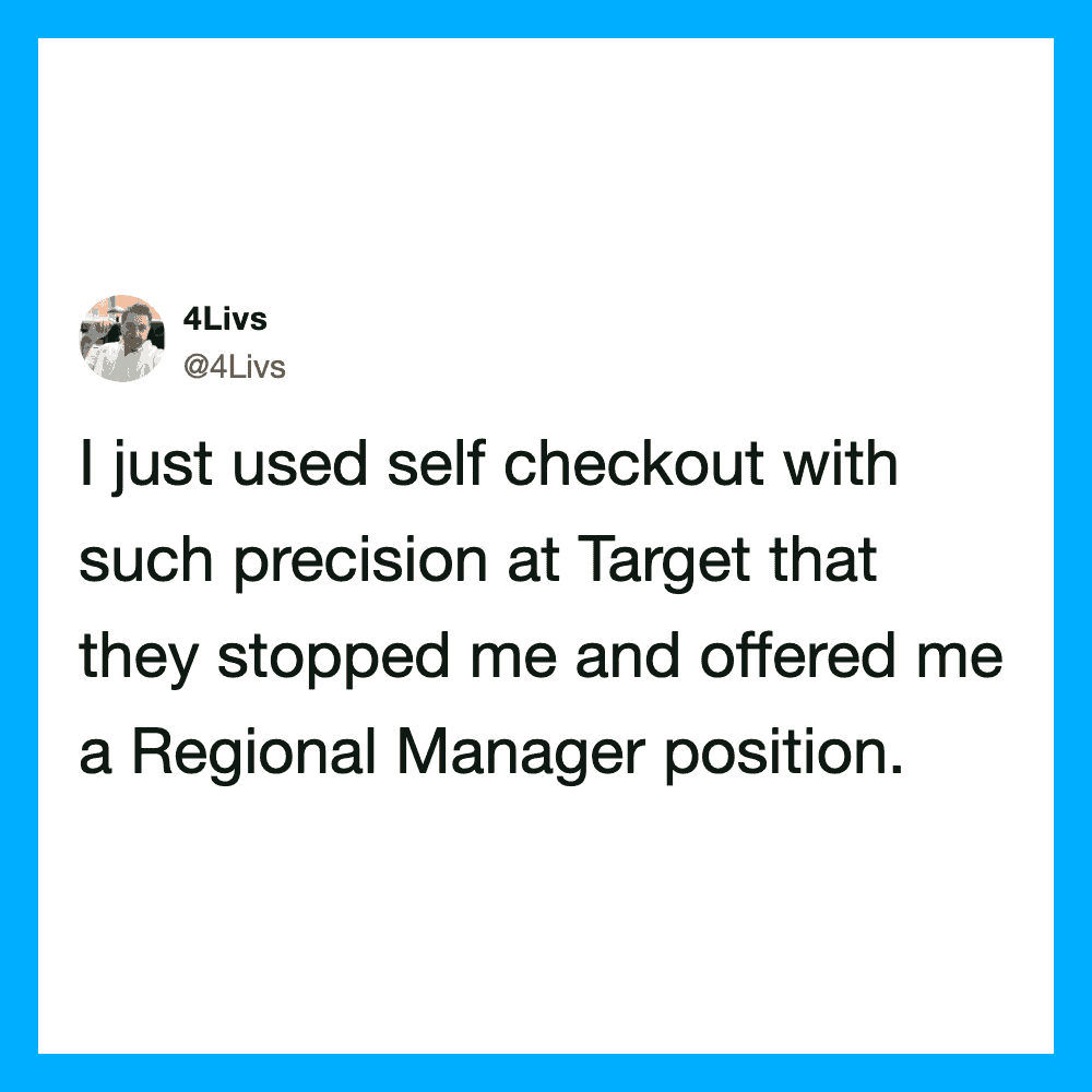 Self checkout tweet about precision at Target leading to a Regional Manager offer.