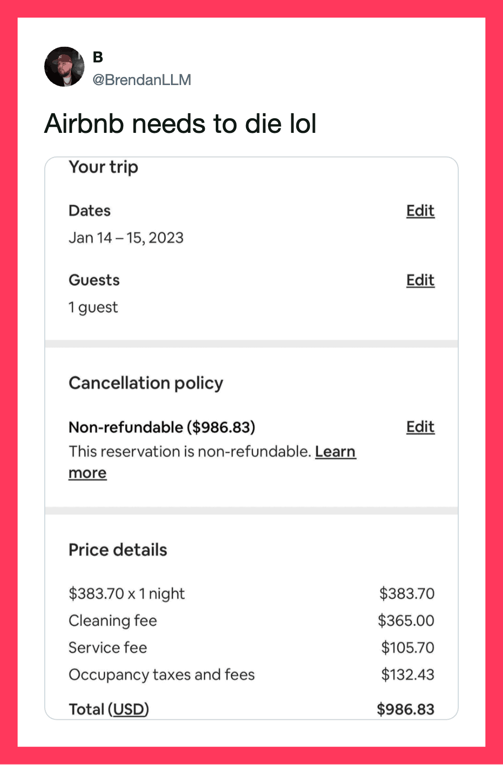 Twitter post about Airbnb, showing trip details and total cost of $986.83.