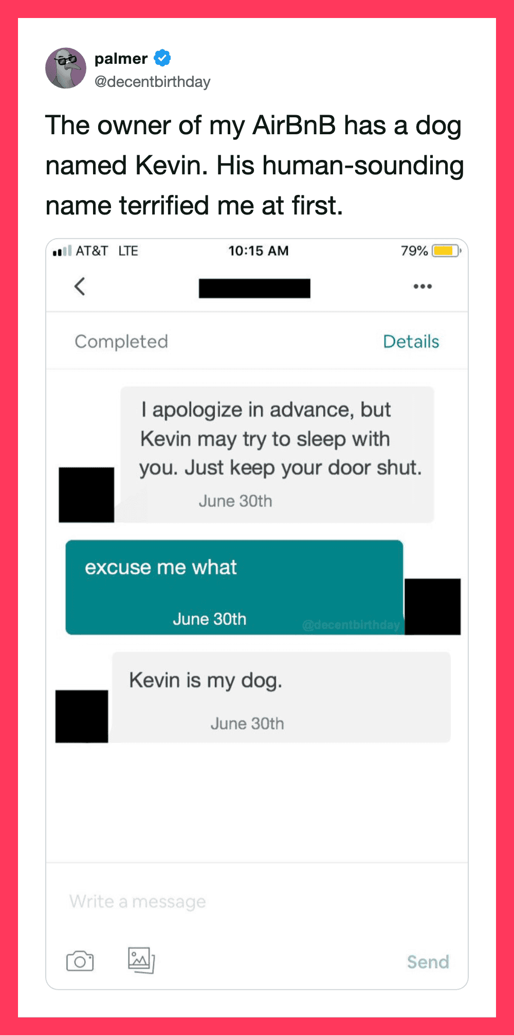 Screenshot of a text message conversation about Kevin, a dog, with an apology and door shut.