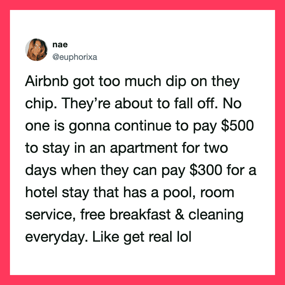 Twitter post about Airbnb pricing and amenities.