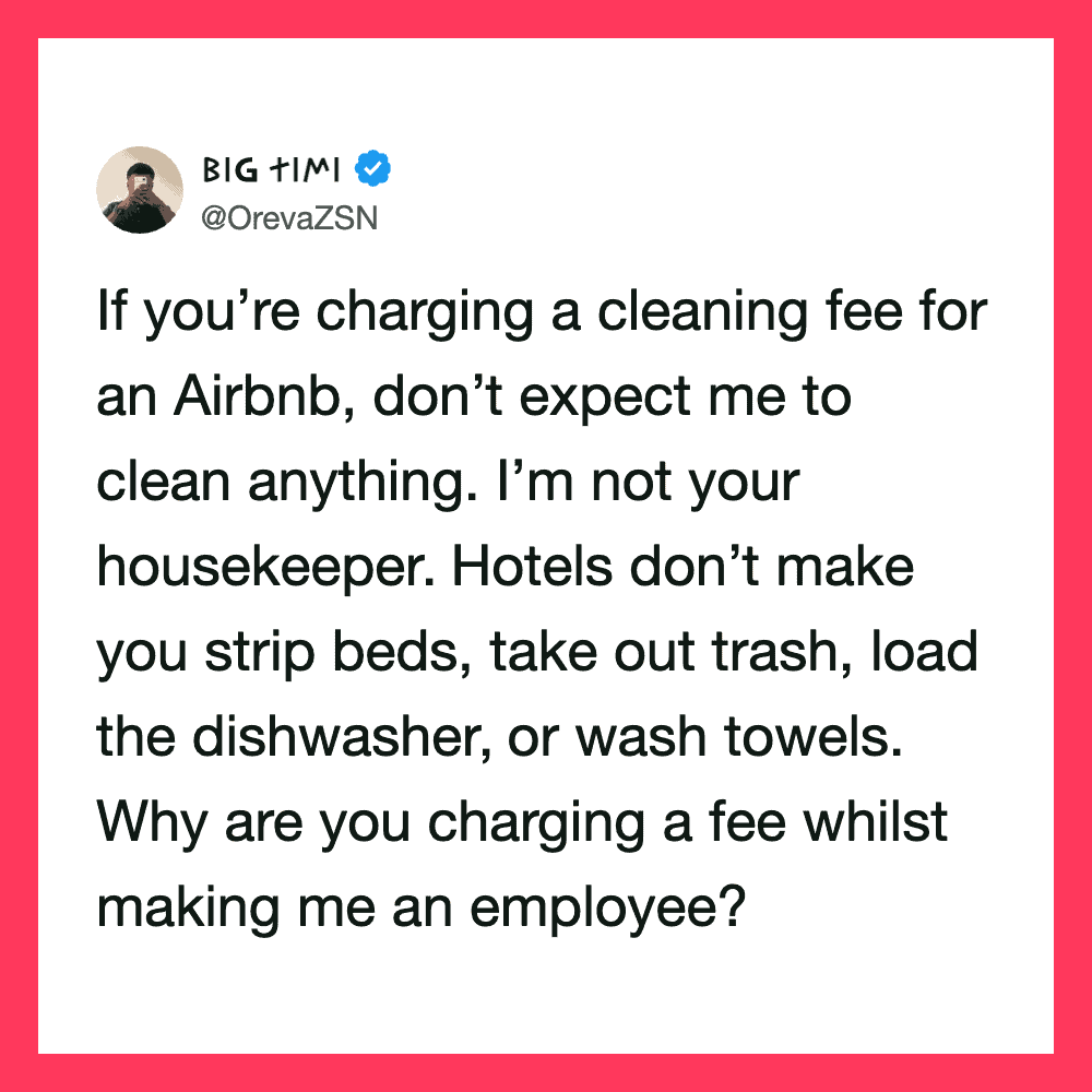 Twitter post by BIG TIME about cleaning fees and guest responsibilities.
