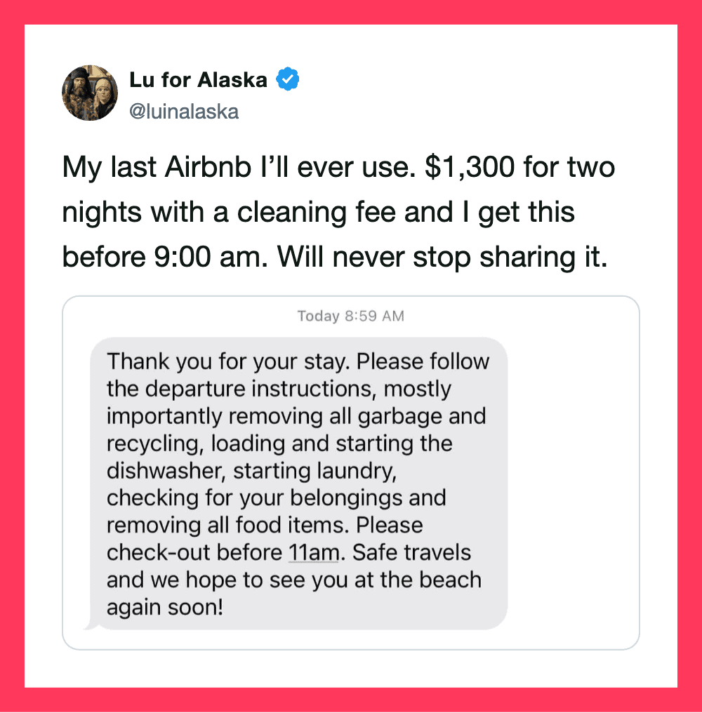 Tweet from Lu for Alaska about Airbnb costs and sharing experience.