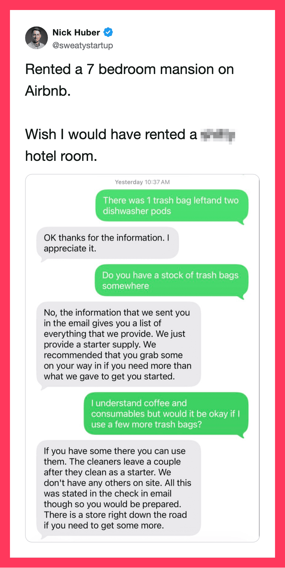 Screenshot of a Twitter conversation about trash bags and a rental property.