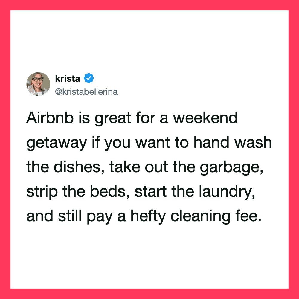Krista's tweet about Airbnb for weekend getaways and cleaning tips.