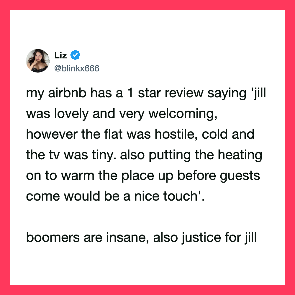 Liz's review of Airbnb: 1 star, mentions cold flat, tiny TV, heating issues, and her opinion on boom.