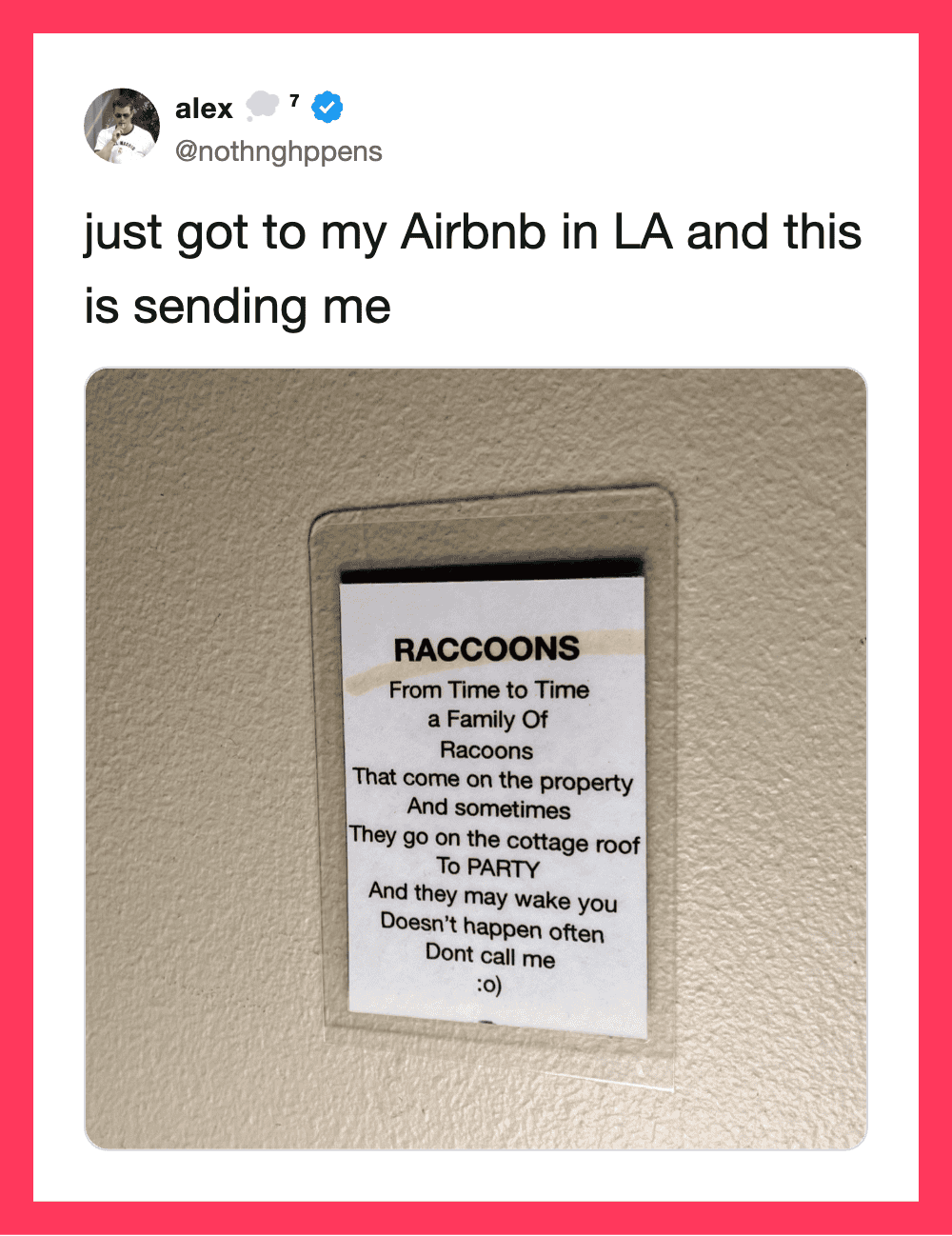 Tweet about arriving at Airbnb in LA with a raccoon note on the wall.