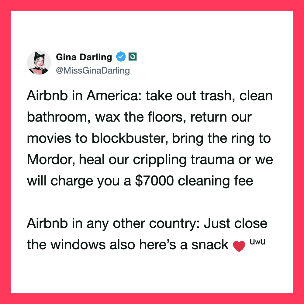 Gina Darling's tweet about Airbnb in America and other countries.