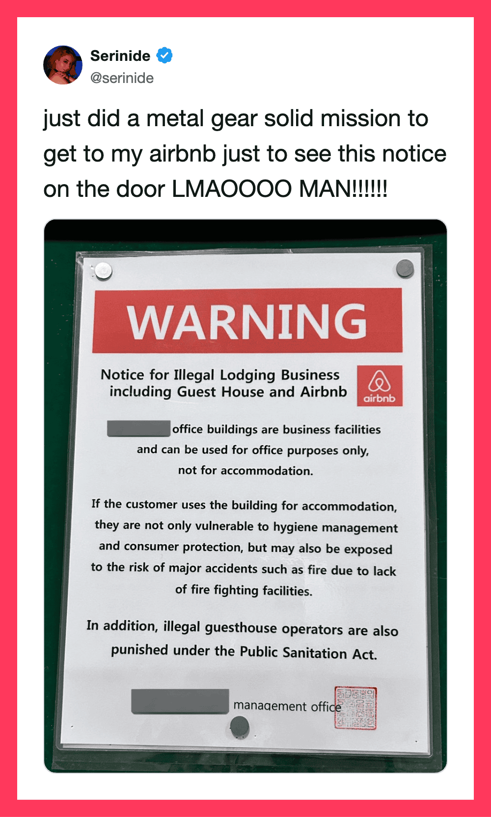 Warning sign about illegal lodging business and guesthouse operators at Airbnb.