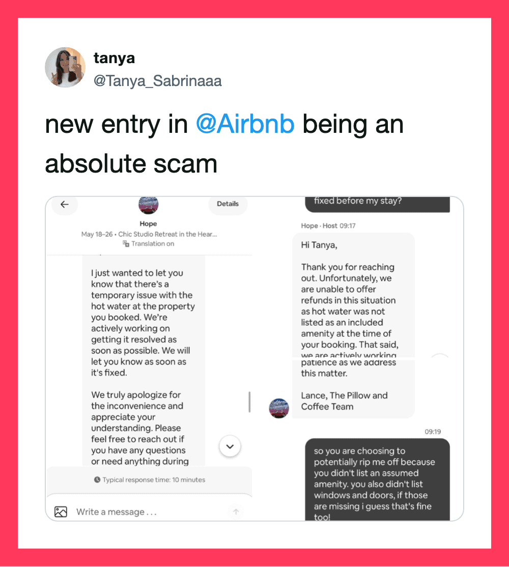 Twitter post by tanya calling Airbnb a scam with a screenshot of a message exchange.
