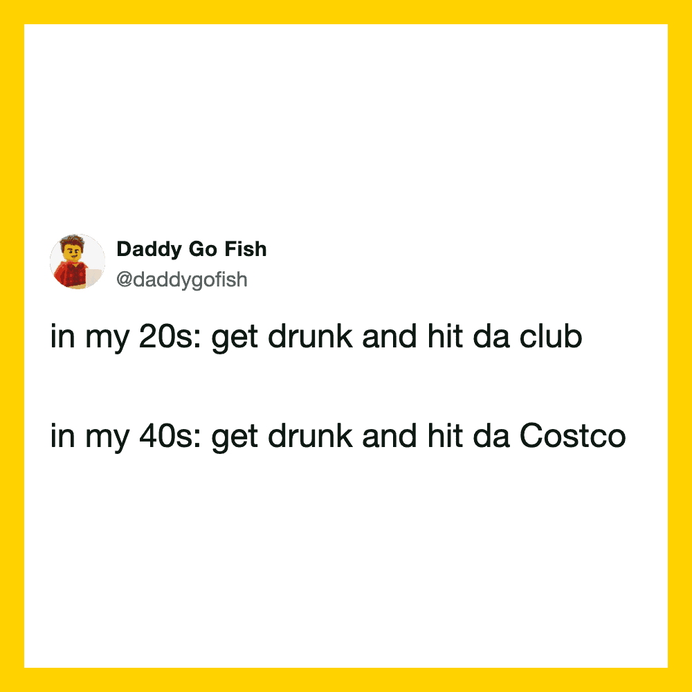 Funny tweet about drinking habits in 20s and 40s.