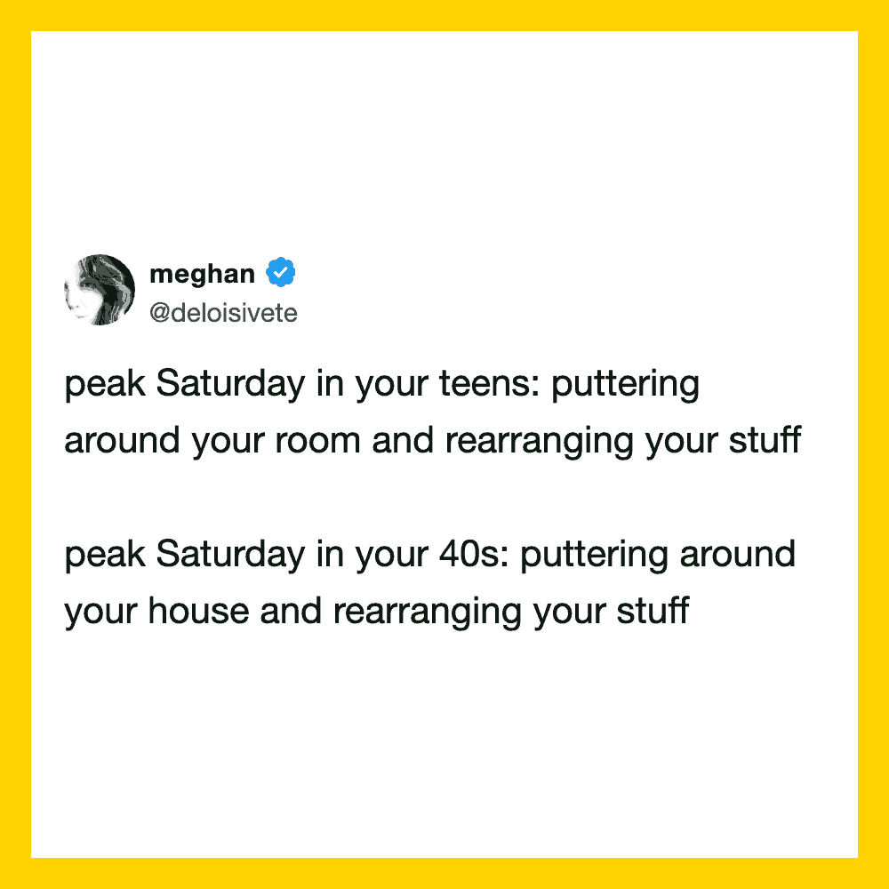 Tweet comparing Saturday activities in teens and 40s.