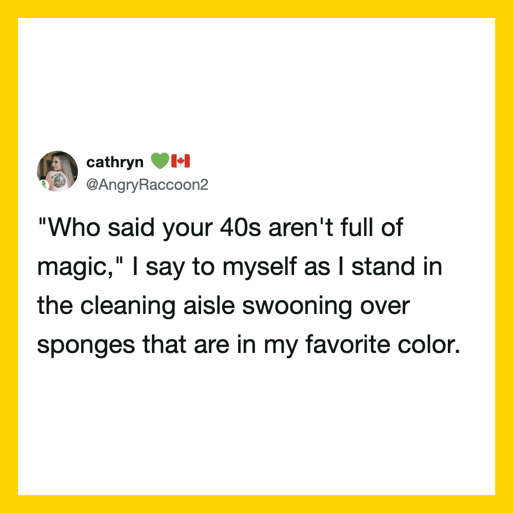 Quote about 40s and magic, with a cleaning aisle background.