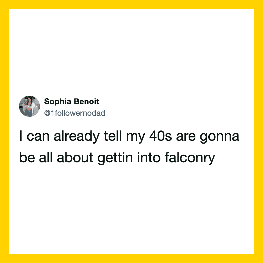 Sophia Benoit's tweet about turning 40 and getting into falconry.