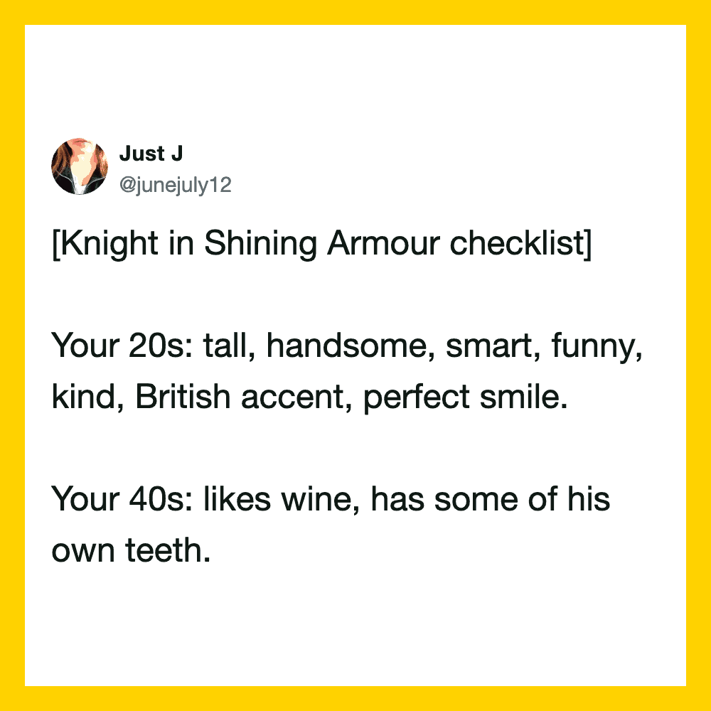 Twitter post comparing 20s and 40s with humorous traits.