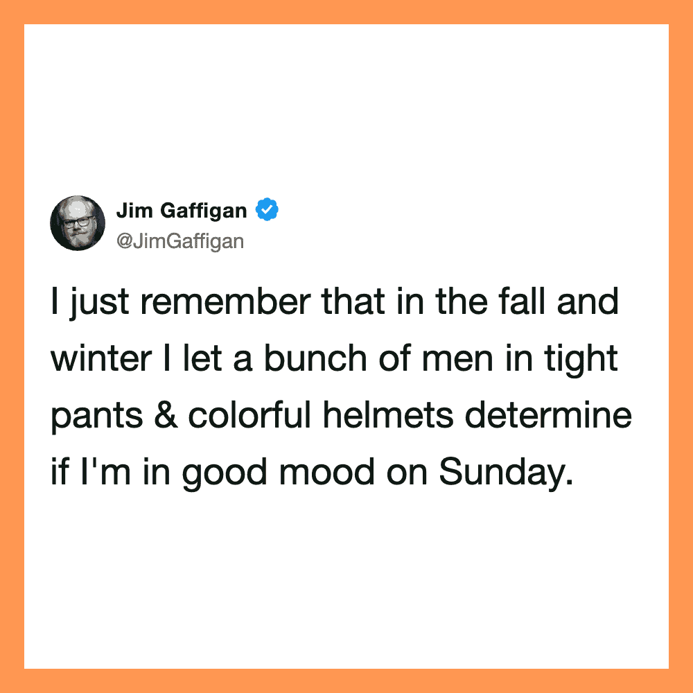 Jim Gaffigan's tweet about fall and winter mood with men in colorful helmets.