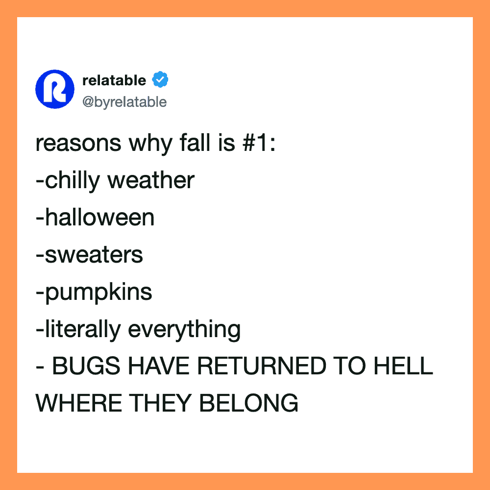 Reasons why fall is #1: chilly weather, Halloween, sweaters, pumpkins, literally everything, bugs.