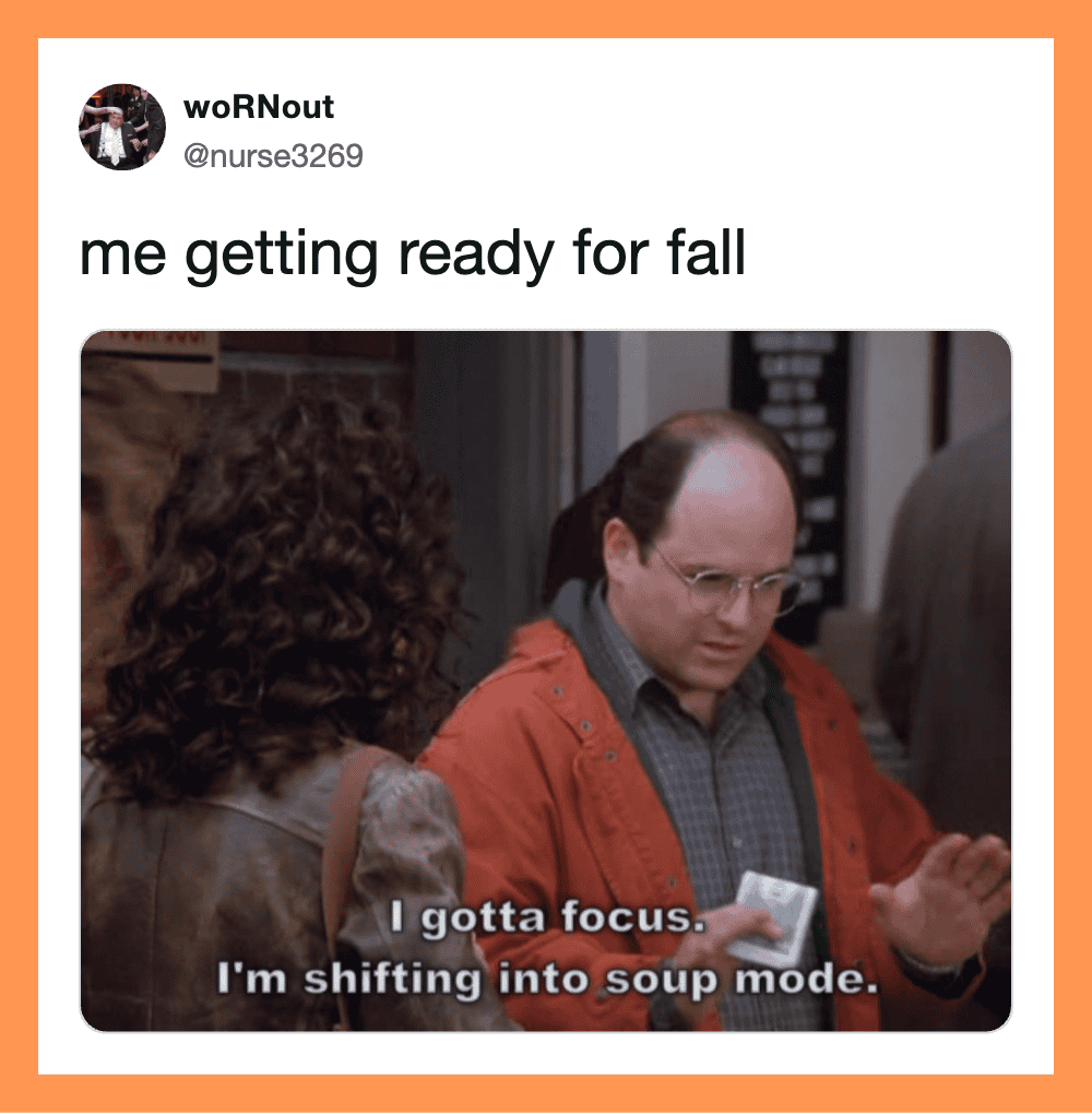 Person looking at phone with caption about shifting into soup mode for fall.