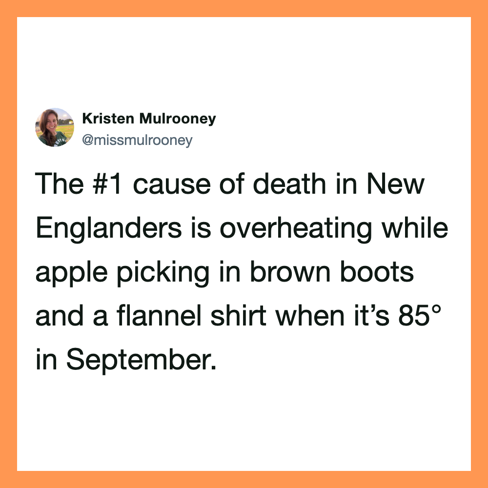 A tweet by Kristen Mulrooney about the cause of death in New England.