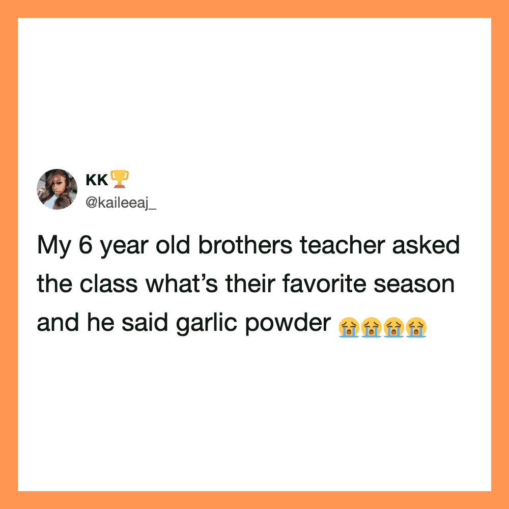 A tweet about a 6-year-old's favorite season being garlic powder, with crying emojis.