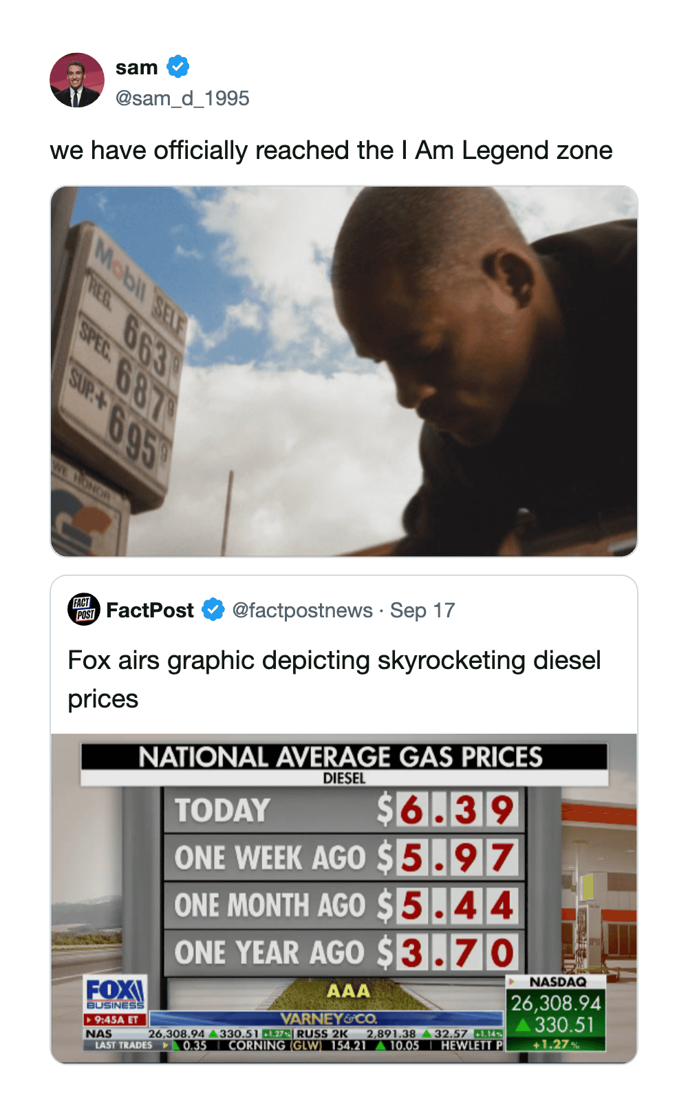Fox graphic showing skyrocketing diesel prices over time.