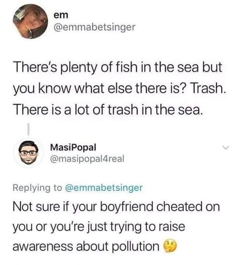 A tweet about trash in the sea and a reply about raising pollution awareness.