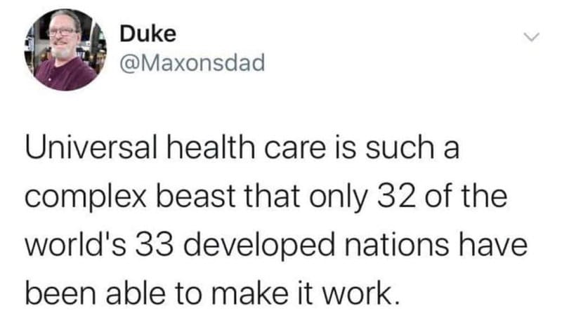 Tweet by Duke about universal health care and developed nations.