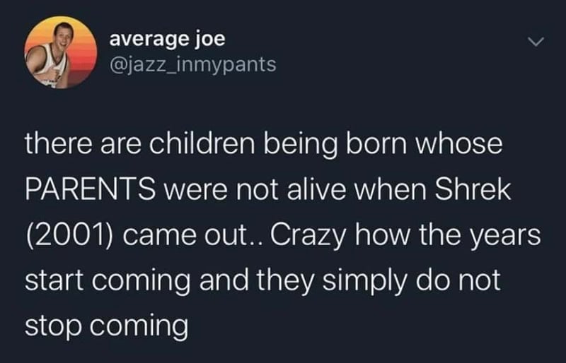 Twitter post about children born after Shrek's release and their parents' absence.