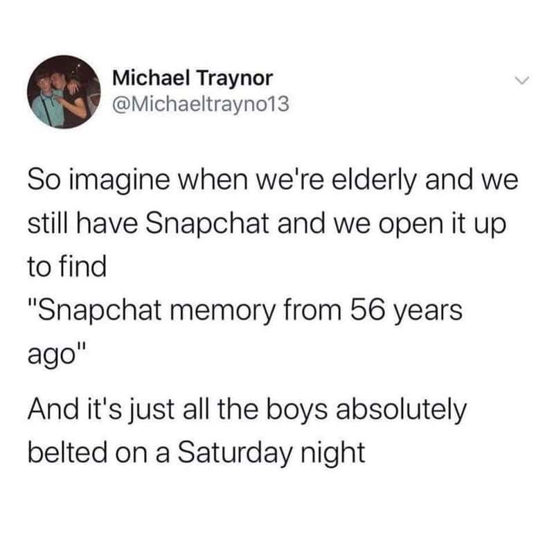 Twitter post by Michael Traynor about elderly people using Snapchat.