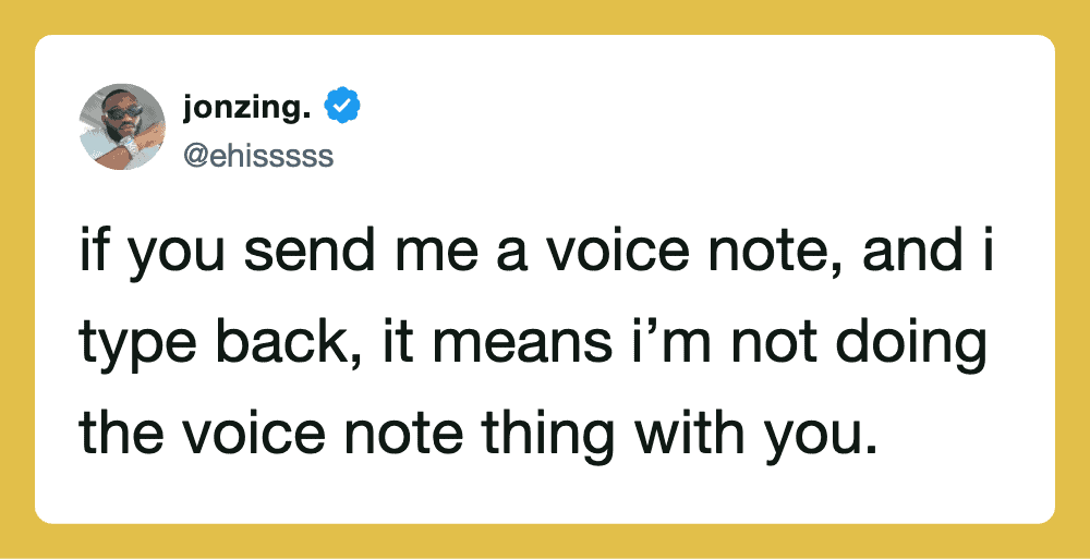 Twitter post by jonzing about voice notes and typing back.