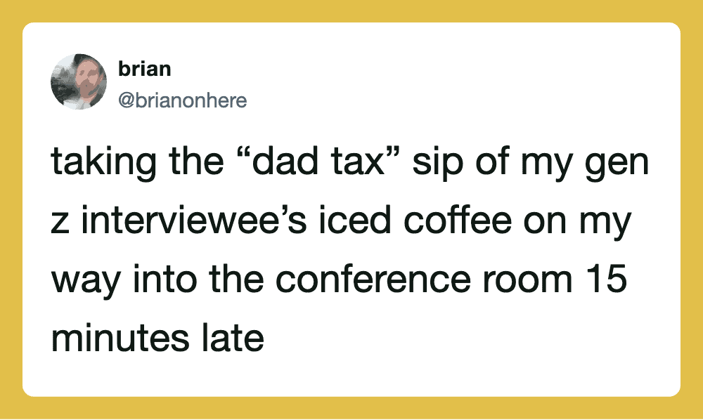 Tweet about taking the 'dad tax' sip of iced coffee before a conference.