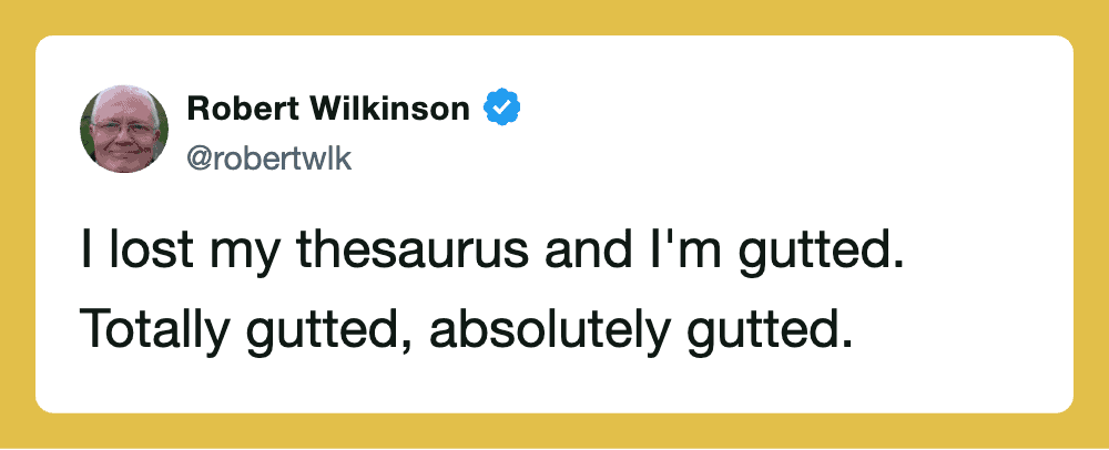 Twitter post by Robert Wilkinson about losing his thesaurus.