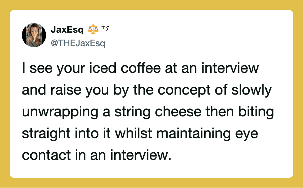 Tweet about iced coffee and interview, with a yellow background.