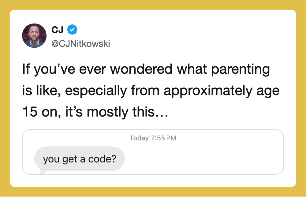 Twitter post by CJ about parenting at age 15 with a child asking for a code.