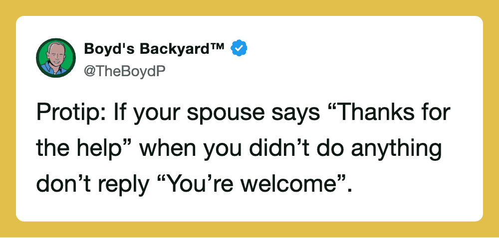 Boyd's Backyard tweet about spouse saying thanks for help.