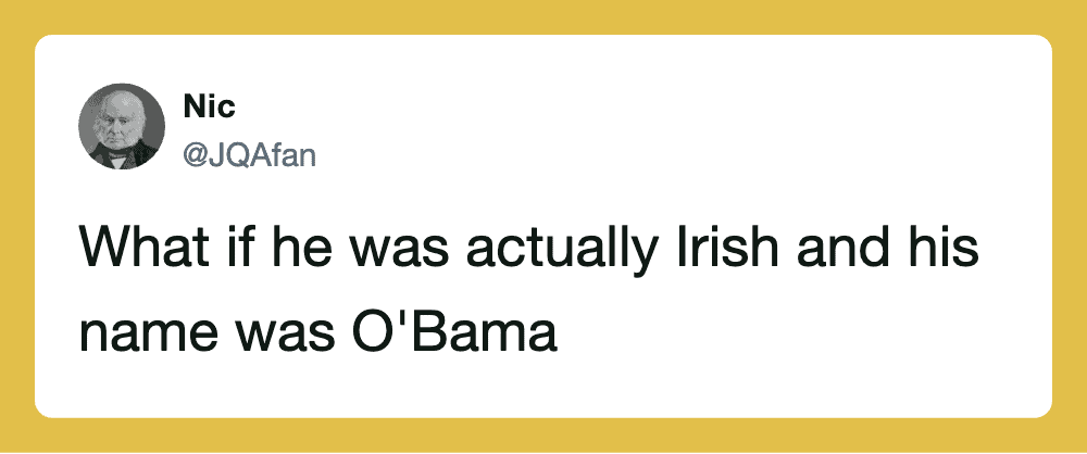 Twitter post by Nic suggesting a humorous scenario about an Irish man named O'Bama.