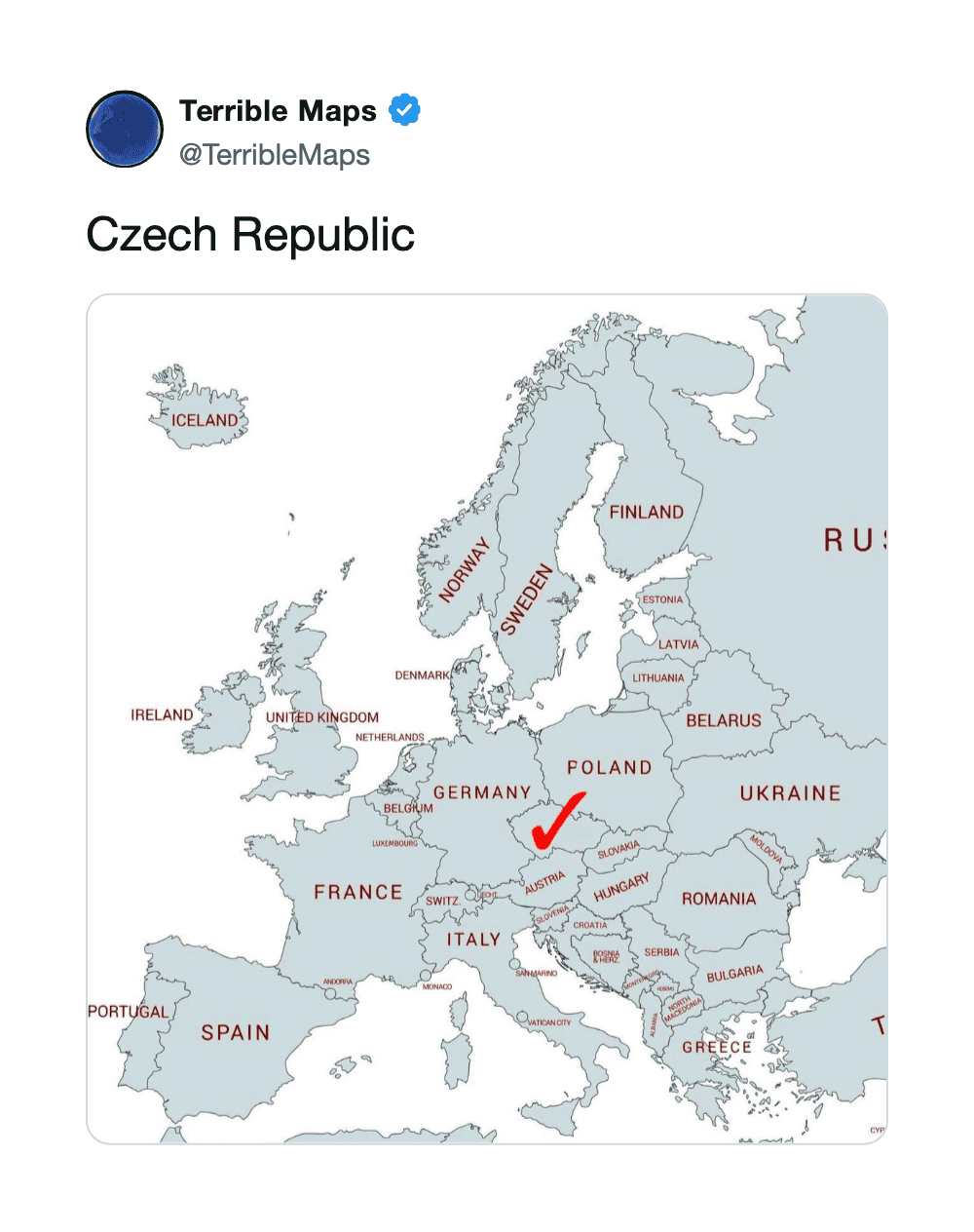 Map of Europe highlighting Czech Republic with a red check mark.