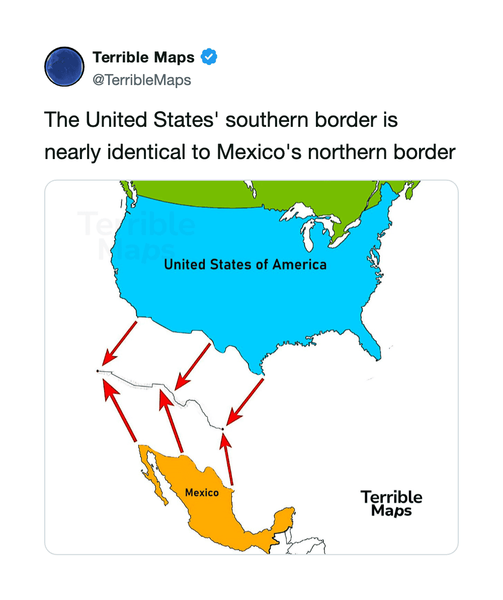 Map showing US southern border nearly identical to Mexico's northern border.