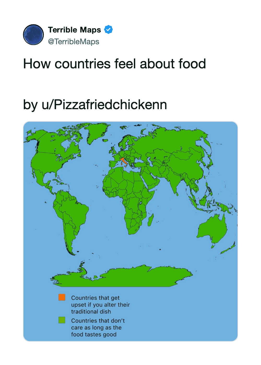 World map showing countries' feelings about food, green for good, orange for upset.