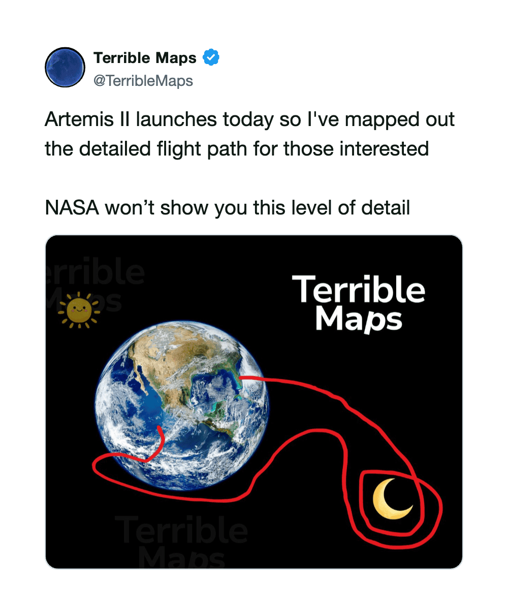 Earth with red flight path lines and a moon, labeled 'Terrible Maps' and 'NASA'.