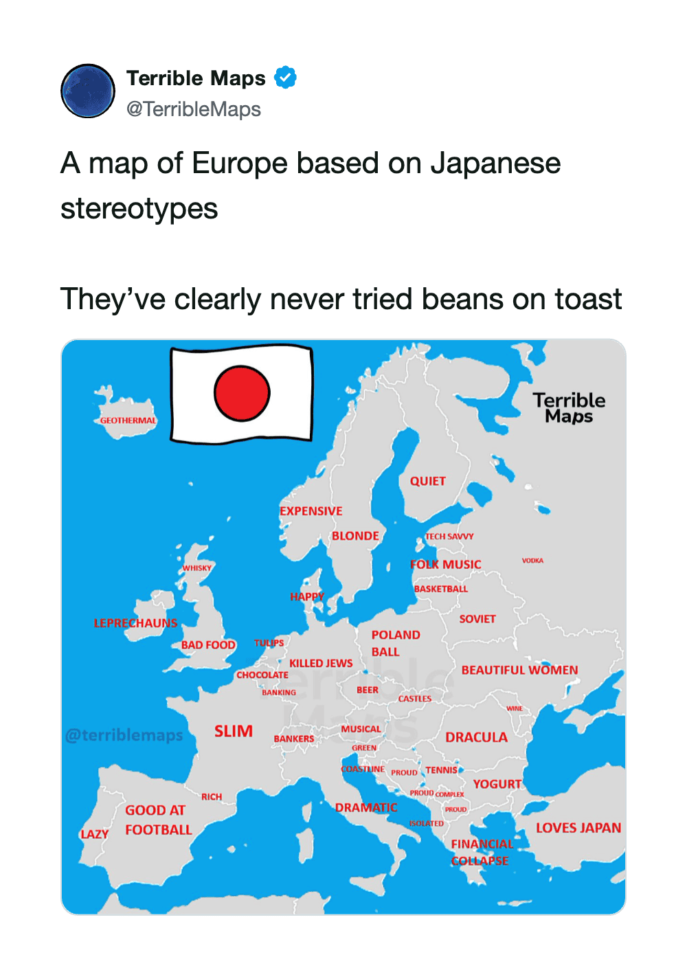 Map of Europe with Japanese stereotypes labels like 'expensive' and 'beautiful women'.