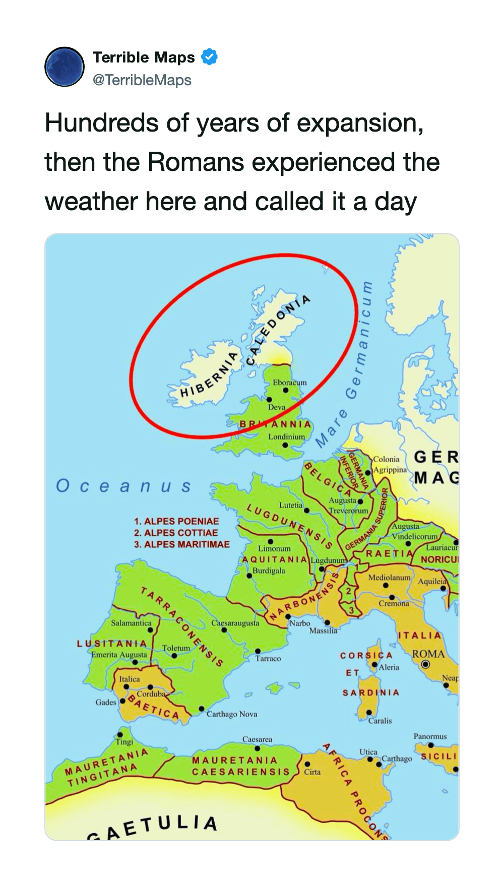 Historical map of Europe showing Roman expansion with a red circle around the area.