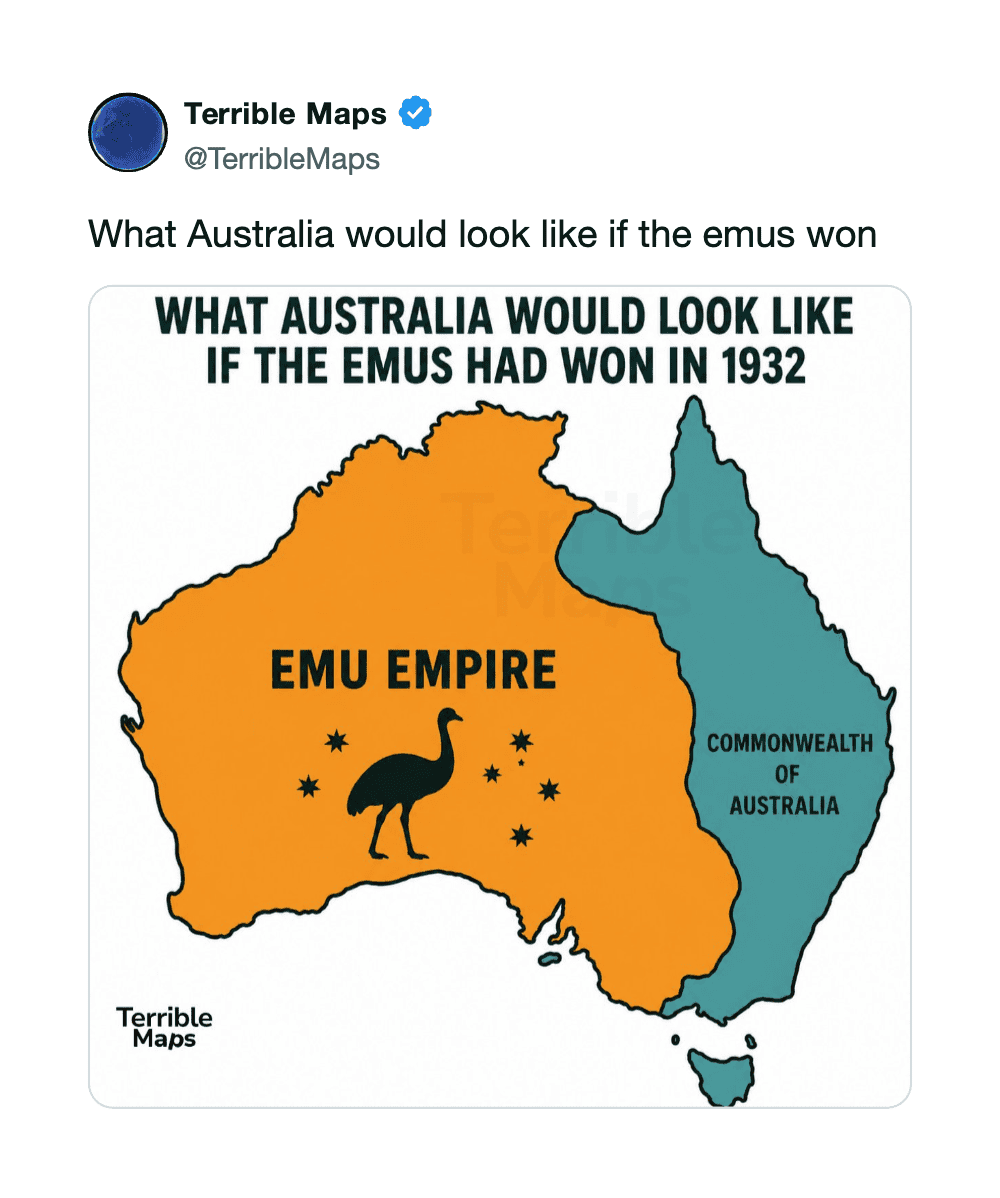 Map of Australia with EMU Empire in orange and Commonwealth of Australia in blue.