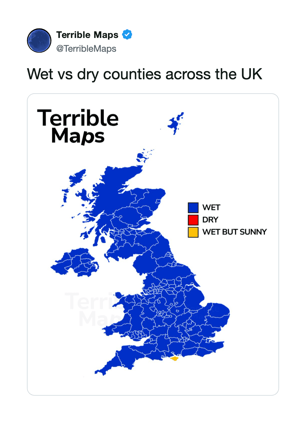 Map of the UK showing wet and dry counties, mostly in blue for wet.