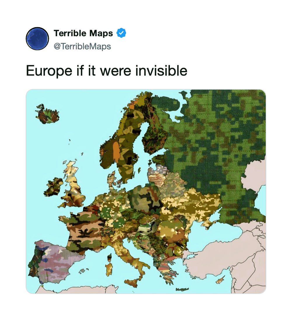 Europe map with regions in camouflage colors, captioned 'Europe if it were invisible'.